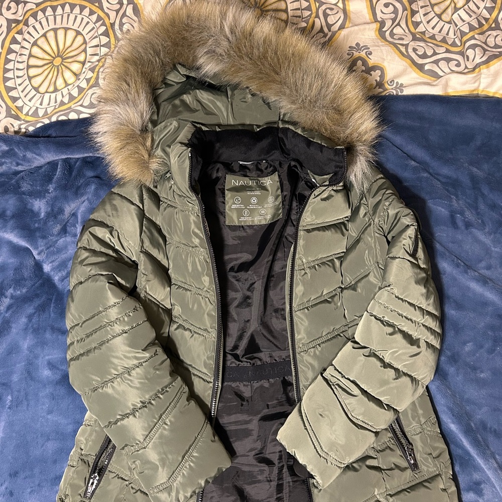 Nautica Olive Green Puffer Jacket with Faux Fur Trim
